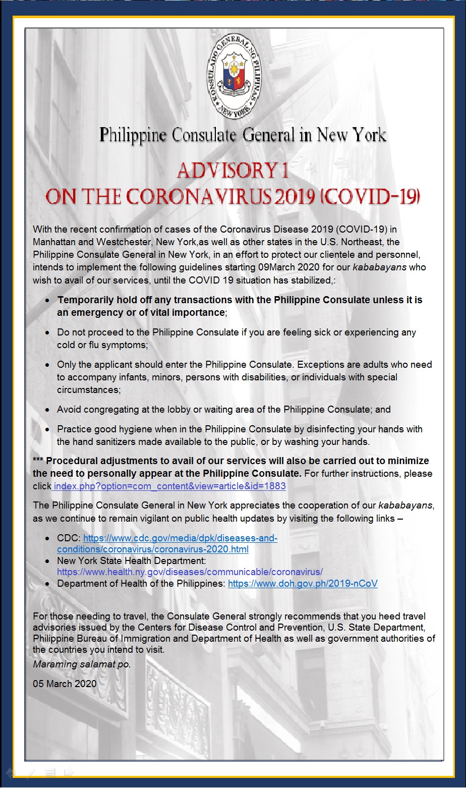 ADVISORY ON THE CORONAVIRUS 2019 (COVID-19)
