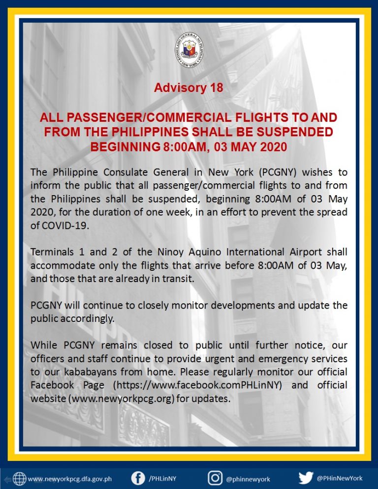 Advisory No. 18: All Passenger/Commercial Flights to and from the Philippines Suspended Beginning 8:00am, 03 May 2020