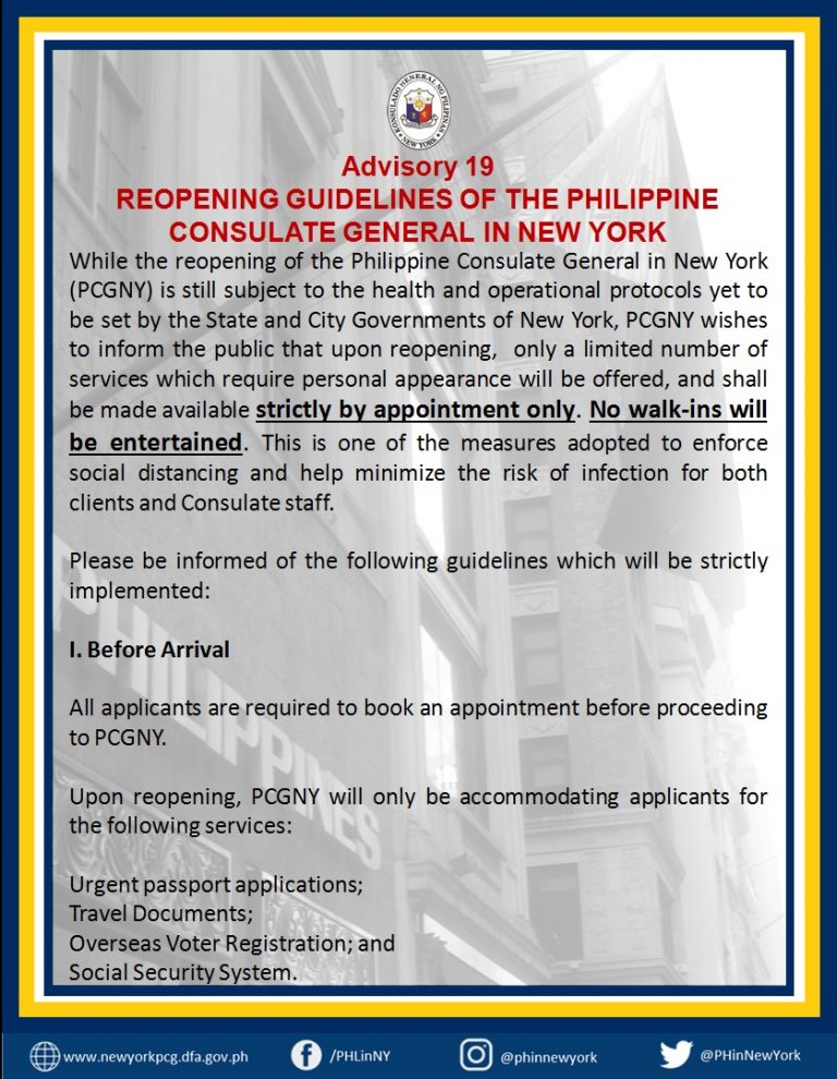 Advisory 19: Reopening Guidelines of the Philippine Consulate General in New York