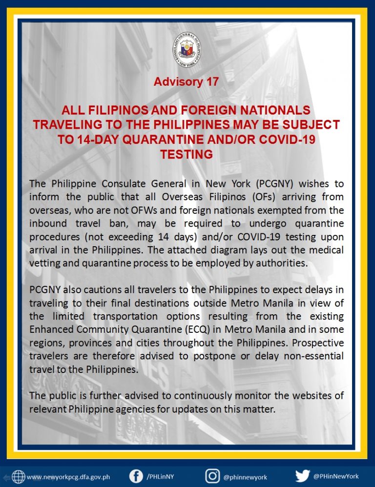 Advisory 17: All Filipinos and Foreign Nationals Traveling to the Philippines May be Subjected to Undergo 14-Day Quarantine and/or Covid-19 Testing