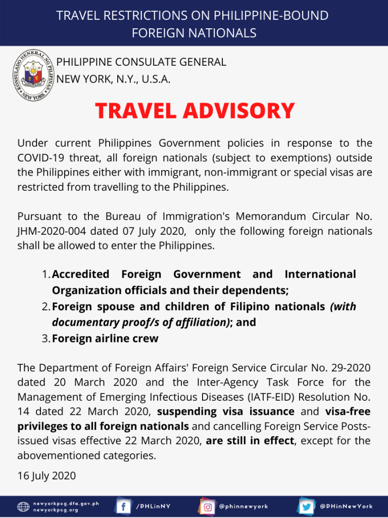 Travel Advisory: Restrictions on Philippine-Bound Foreign Nationals -  Philippine Consulate General