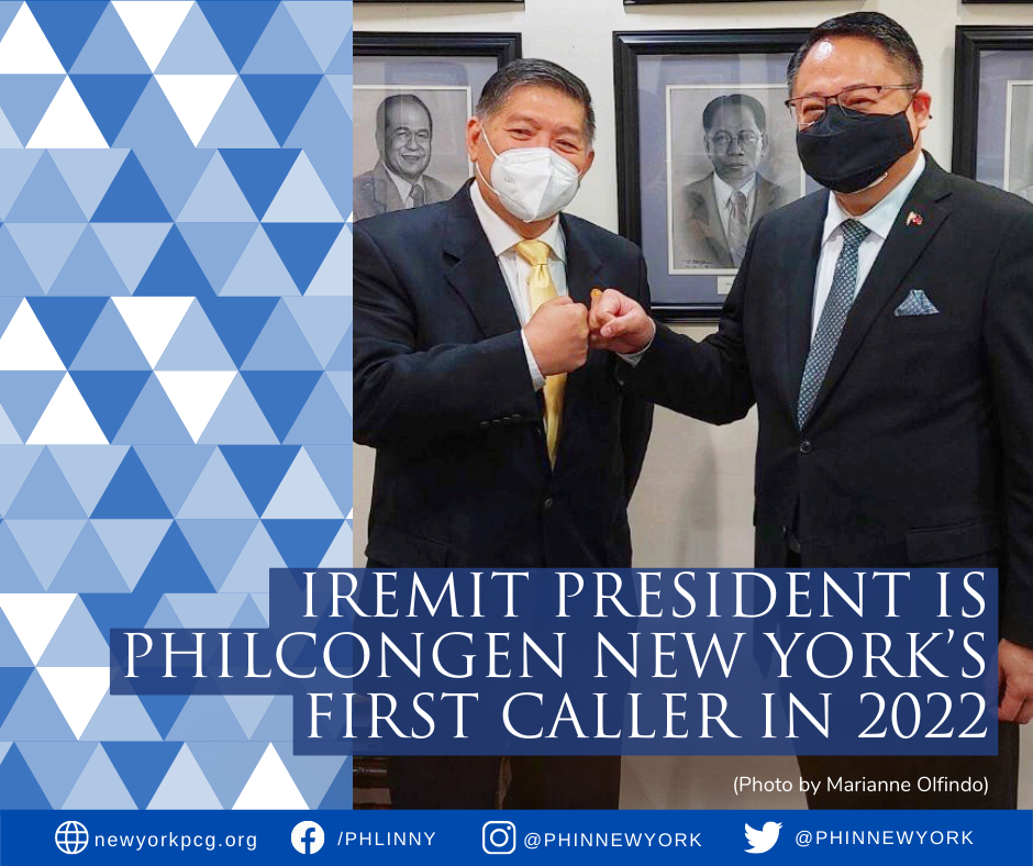 President Bansan Choa of iRemit, one of the top remittance companies in the Philippines, was the first official caller at the Philippine Consulate General in New York for 2022 when he was received by Consul General Elmer G. Cato on Monday, 3 January 2022. Mr. Choa is also the Chairman and Chief Executive Officer of Surewell Equities, Inc.
