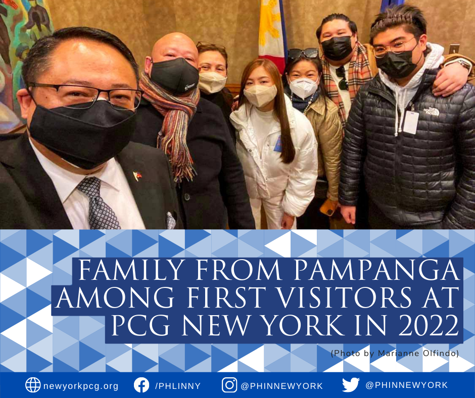 Among the first visitors at the Philippine Consulate General in 2022 were a visiting family from Angeles City in the Philippines. Mr. Joselito Montes and his family were received by Consul General Elmer G. Cato, who also hails from Pampanga. (Photo by Marianne Olfindo)