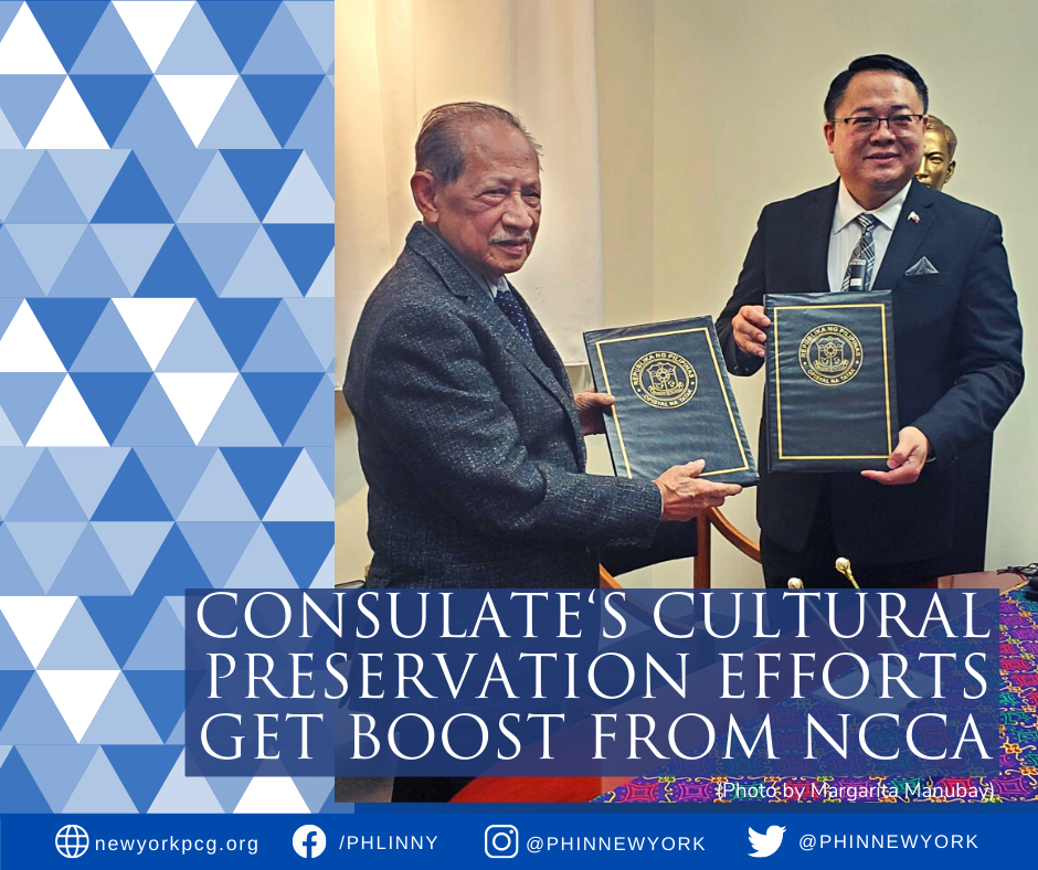 Consul General Elmer G. Cato and Chairperson Arsenio J. Lizaso of the National Commission for Culture and the Arts (NCCA), exchange copies of the Memorandum of Understanding (MOU) they signed during the inauguration of the Sentro Rizal New York on 6 January 2022. The MOU outlines the commitments of both the Philippine Consulate and NCCA to ensure the success of Sentro Rizal New York.