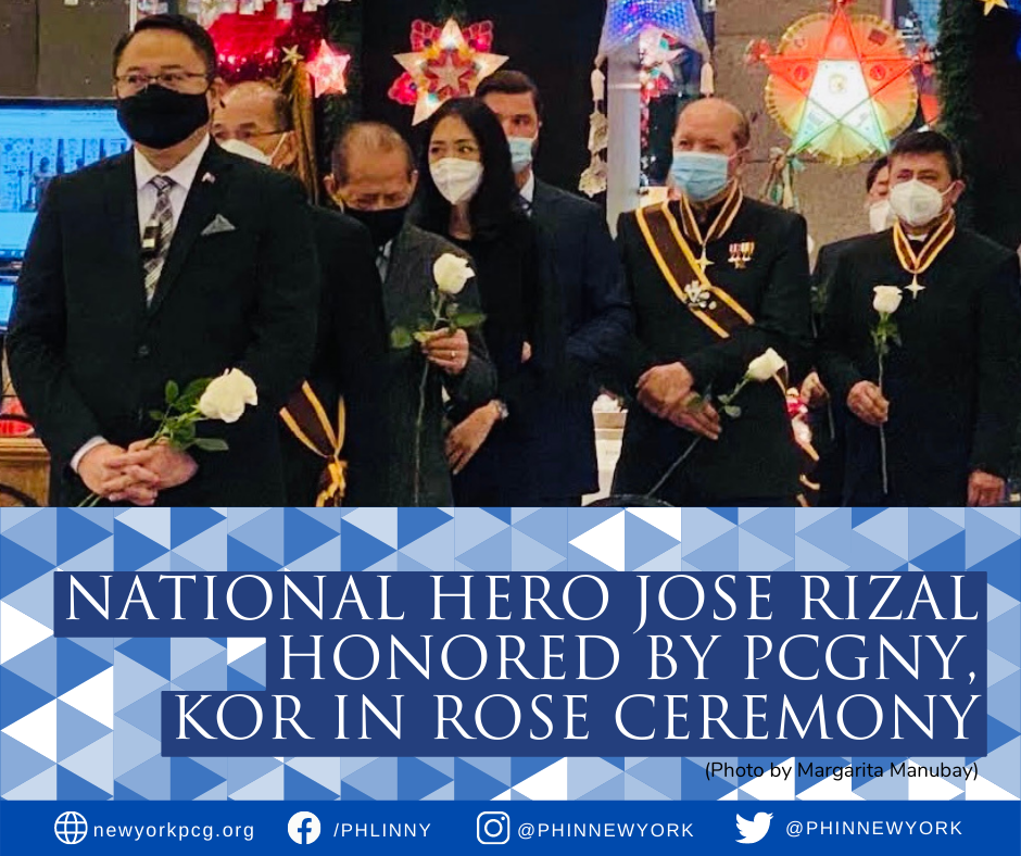 Consul General Elmer G. Cato, and officers of the Knights of Rizal Eastern Region, led by Atty. Ferdinand Suba, take part in a rose ceremony to mark the 125th anniversary of the martyrdom of national hero, Dr. Jose P. Rizal at the Philippine Center on Thursday, 06 January 2022.