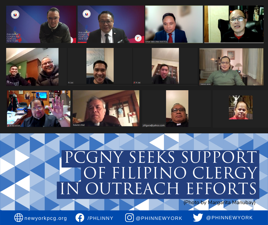 Consul General Elmer G. Cato met virtually with a group of Filipino priests based in the US led by Fr. Gerry Paderon, President of the Filipino Clergy Association of the Americas (FilCAA), on Tuesday, 18 January 2022.