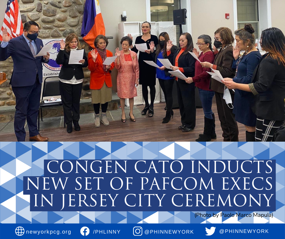 Consul General Elmer G. Cato inducts the new officers of the Philippine-American Friendship Community (PAFCOM) led by its President Ofelia Frain during the turnover ceremonies at Lincoln Park, New Jersey, on Friday, 21 January 2022.