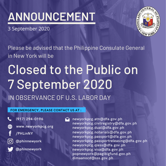 Consulate Closed to the Public on Monday, 7 September 2020