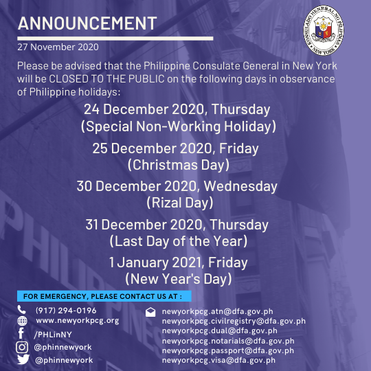 Holiday Announcement: 24, 25, 30, 31 December 2020 and 1 January 2021