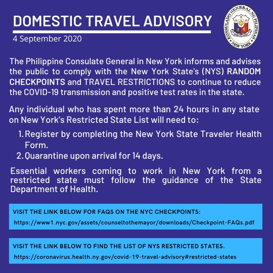 Domestic Travel Advisory, 4 September 2020