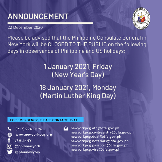 Holiday Announcement: 1 and 18 January 2021