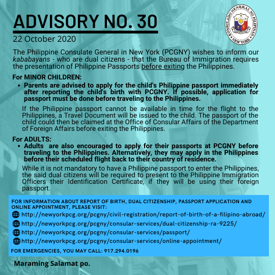 Advisory No. 30: Dual Citizens Who Are Visiting the Philippines Required to Present Philippine Passports Before Exiting the Philippines