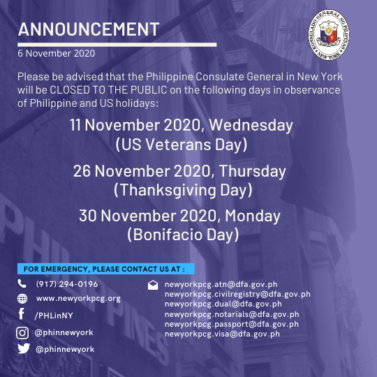 Holiday Announcement, 11, 26 and 30 November 2020
