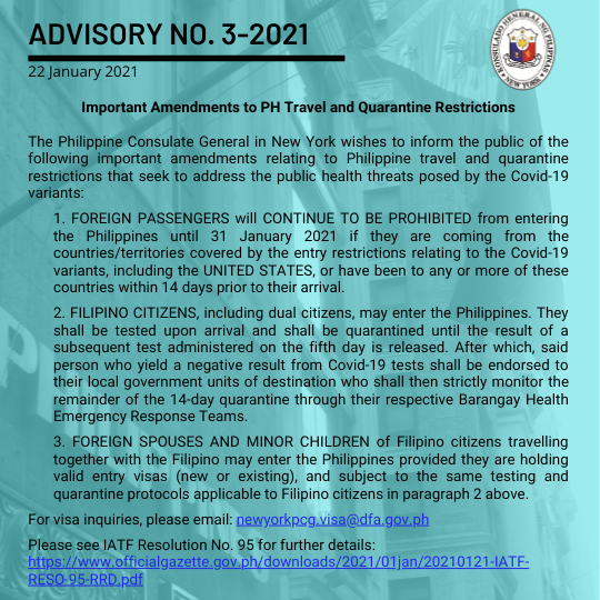Advisory No. 3-2021: Important Amendments to PH Travel and Quarantine Restrictions