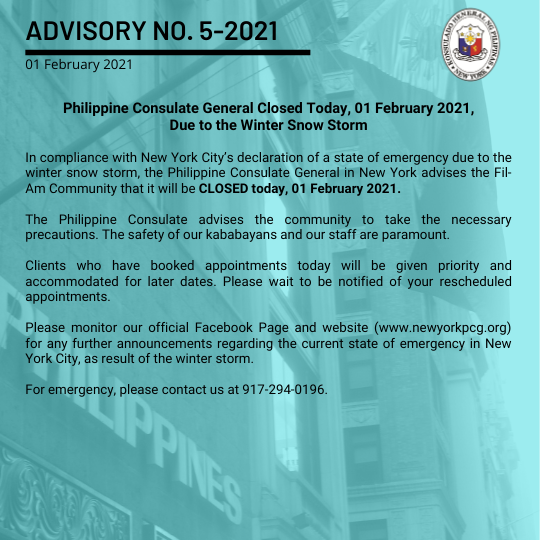 Advisory No. 5-2021: Philippine Consulate General Closed today, 01 February 2021,  Due to the Winter Snow Storm
