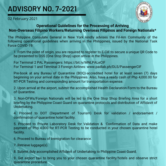 Advisory No. 7-2021: Operational Guidelines for the Processing of Arriving Non-Overseas Filipino Workers/Returning Overseas Filipinos and Foreign Nationals*