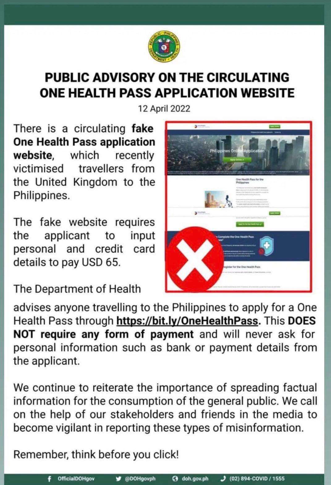 Public Advisory Scam Warning (One Health Pass Application