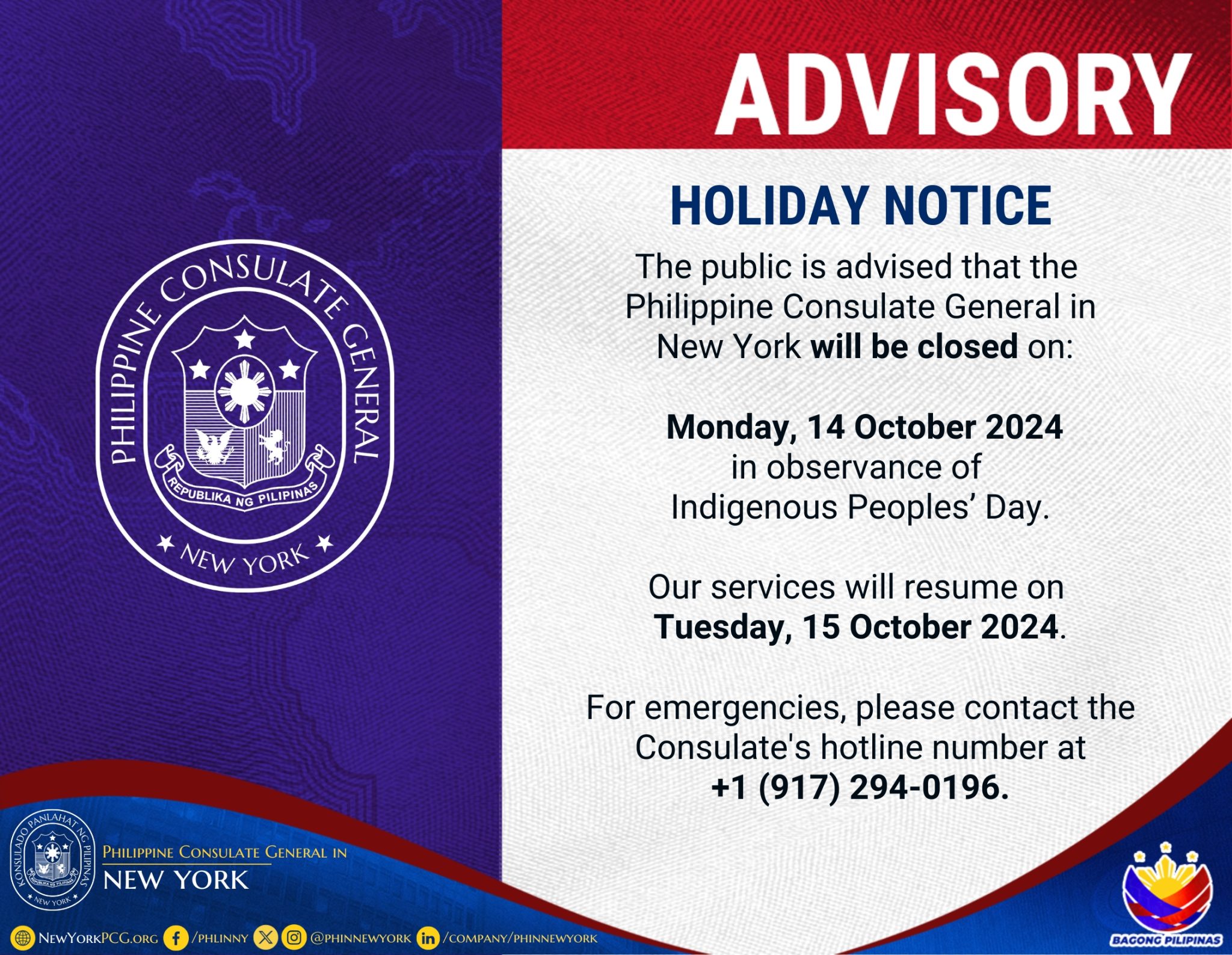 Holiday Notice, 02 September 2024 Philippine Consulate General